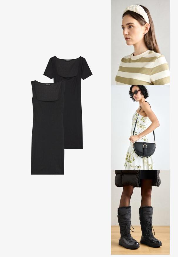 Zwarte bodycon jurk met een vierkante halslijn, korte mouwen en geribbelde textuur. Twee variaties: lichte zwarte en diepere zwarte tinten getoond.; Zwarte pufferlaarzen tot de knie met nepbontafwerking, glanzend waterdicht bovenwerk, textuurzool en verstelbare veters.; Zwarte leren handtas met een gebogen vorm, afneembare schouderband en gouden hardware. De tas heeft een klep met een gespsluiting.; Crème geklede hoofdband met gedraaide ontwerp, gecombineerd met een beige en witte gestreepte shirt met een ronde hals. Subtiele sieradenaccenten.