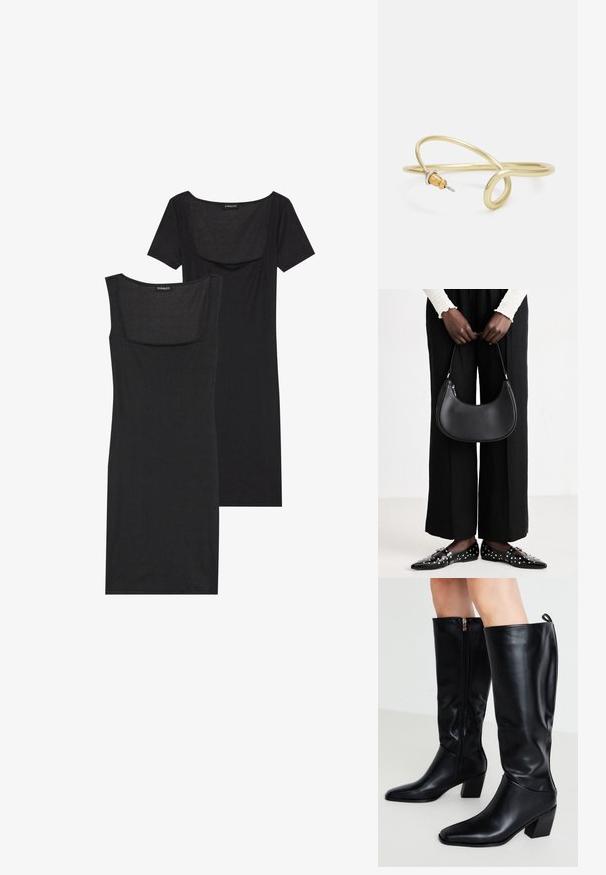 Crna uska haljina s kvadratnim izrezom, kratkim rukavima i rebrastom teksturom. Dvije varijante: svjetlija crna i dublja crna nijansa.; Crne kožne čizme do koljena s šiljastim nosom, blok petom i bočnim patentnim zatvaračem; glatka tekstura i minimalni dizajn.; Crna kožna torba preko ramena zaobljenog oblika, s sjajnom završnom obradom i srebrnim hardverom. Osoba nosi crne hlače širokog kroja i loaferice sa studovima.; Zlatna metalna narukvica s fluidnim, zavojitim dizajnom. Sadrži mali, istaknuti srebrni akcent na jednom kraju.