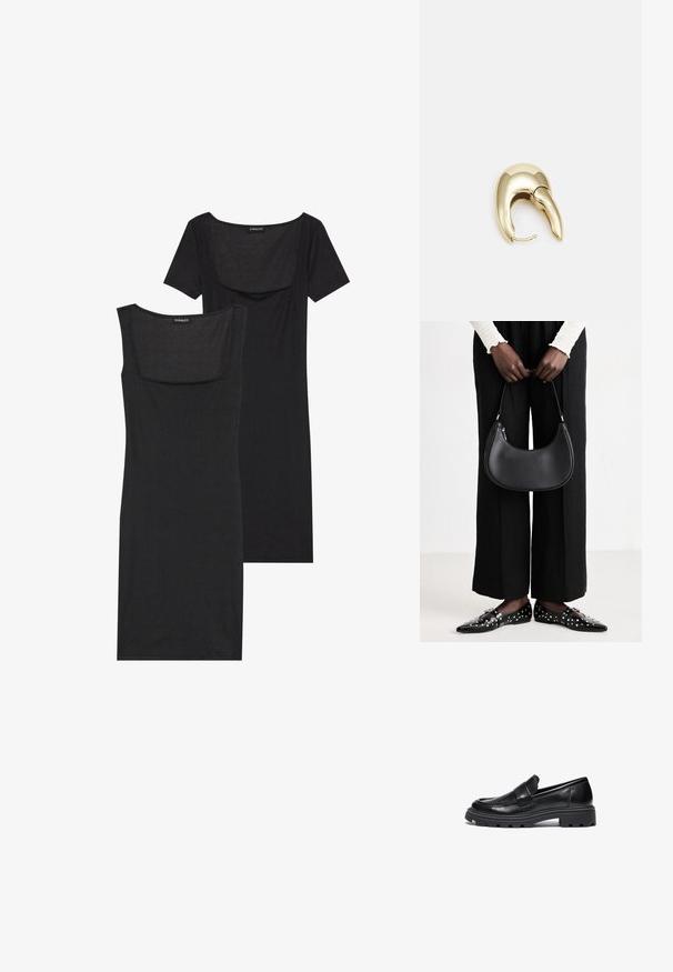 Vestido negro ajustado con escote cuadrado, mangas cortas y textura acanalada. Se muestran dos variaciones: tonos negro claro y negro más intenso.; Mocasines de cuero negro con una puntera redonda, costuras decorativas y una suela de goma gruesa que presenta un patrón de tracción texturizado.; Bolso de hombro de cuero negro con forma redondeada, acabado brillante y herrajes plateados. Persona vistiendo pantalones anchos negros y mocasines con tachuelas.; Pendiente de metal en tono dorado con un diseño elegante y curvado. Presenta una forma puntiaguda distintiva, superficie pulida y cierre de bisagra.