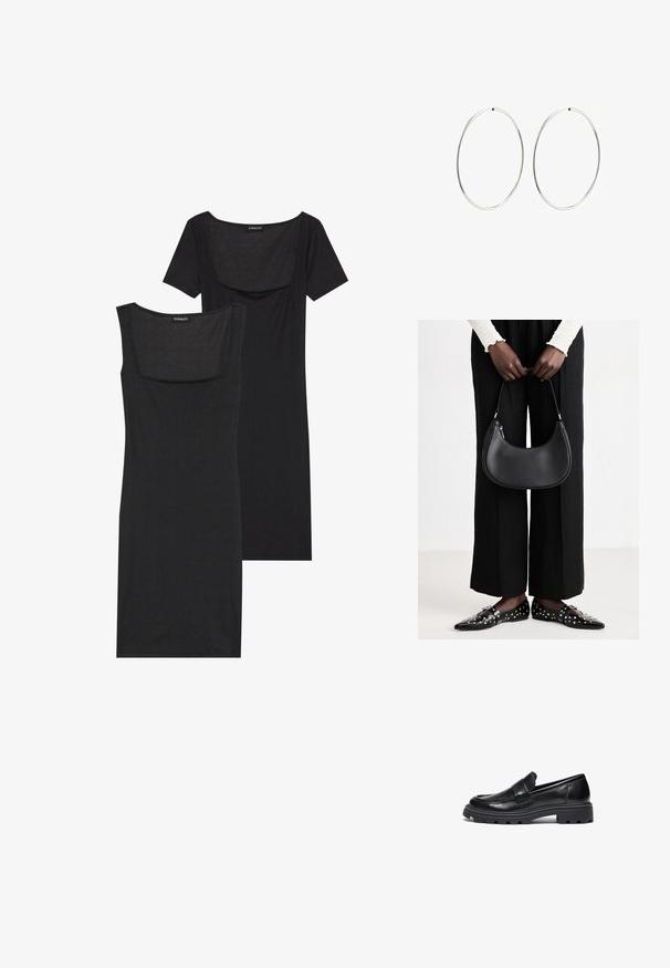 Black bodycon dress with a square neckline, short sleeves, and ribbed texture. Two variations: light black and deeper black shades shown.; Black leather loafers with a rounded toe, stitched detailing, and a chunky rubber sole featuring a textured traction pattern.; Black leather shoulder bag with a rounded shape, glossy finish, and silver hardware. Person wearing black wide-leg pants and studded loafers.; Silver hoop earrings with a smooth, round design and a polished finish. They are thin and lightweight, featuring a simple clasp closure.