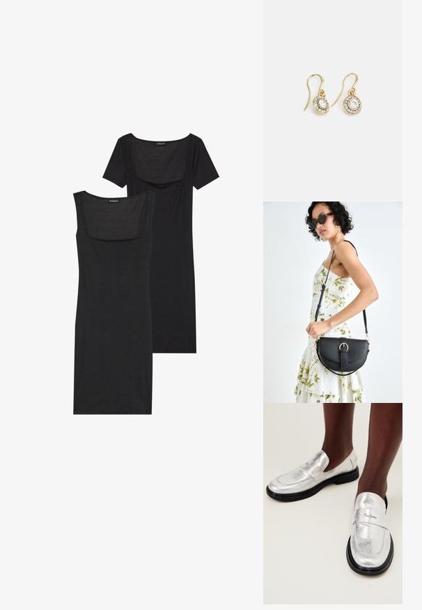 Černé těsné šaty s čtvercovým výstřihem, krátkými rukávy a žebrovanou texturou. Dvě varianty: světle černá a tmavší černá barva.; Stříbrné metalické mokasíny s hladkým povrchem, černou gumovou podrážkou a dekorativním páskem s embosovaným názvem značky.; Černá kožená kabelka s křivkovým tvarem, odnímatelným popruhem a zlatými detaily. Kabelka má klopu s přezkou.; Náušnice ve zlatém tónu s oválnými průhlednými krystaly obklopenými menšími průhlednými kameny, se zapínáním na háček pro bezpečné nošení.