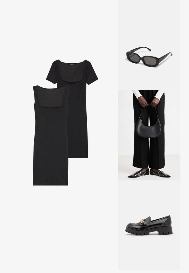 Sort bodycon kjole med firkantet halsudskæring, korte ærmer og ribbet tekstur. To variationer: lys sort og dybere sorte nuancer vist.; Sorte lakerede loafers med en tyk, takket sort sål og et guld hardware-element på fronten. Glat tekstur, klassisk design.; Sorte rektangulære solbriller med mørke linser. Tykt plastiklavet stel med glat overflade og afrundede kanter. Stilfulde stænger strækker sig udad.; Sort læder skuldertaske med rund form, glat finish og sølv hardware. Person iført sorte brede bukser og nitter loafers.