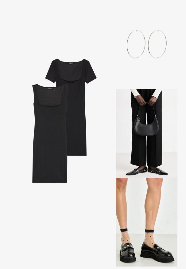 Vestito aderente nero con scollatura quadrata, maniche corte e texture a costine. Due varianti: tonalità nero chiaro e nero più intenso.; Mocassini in pelle verniciata nera con suola spessa, caratterizzati da un raffinato hardware in argento. Abbinati a calzini alla caviglia trasparenti a pois.; Borsa a spalla in pelle nera con forma arrotondata, finitura lucida e accessori in argento. Persona che indossa pantaloni ampi neri e mocassini con borchie.; Orecchini a cerchio in argento con un design rotondo e liscio e una finitura lucida. Sono sottili e leggeri, con una semplice chiusura a scatto.