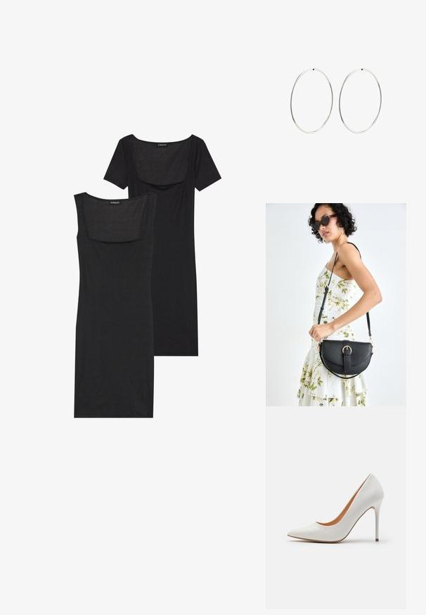 Schwarzes Bodycon-Kleid mit quadratischem Ausschnitt, kurzen Ärmeln und gerippter Textur. Zwei Varianten: in hellschwarzem und tieferem Schwarz.; Weiße Lackleder-Pumps mit hohen Absätzen, einer spitzen Zehenpartie und einem schlanken Stiletto-Absatz, die eine glatte Textur und ein beiges Innenleben aufweisen.; Schwarze Lederhandtasche mit geschwungener Form, abnehmbarem Tragegurt und goldenen Beschlägen. Die Tasche verfügt über einen Deckel mit einer Schnallen-Details.; Silberne Creolen mit einem glatten, runden Design und einer polierten Oberfläche. Sie sind dünn und leicht und verfügen über einen einfachen Verschluss.