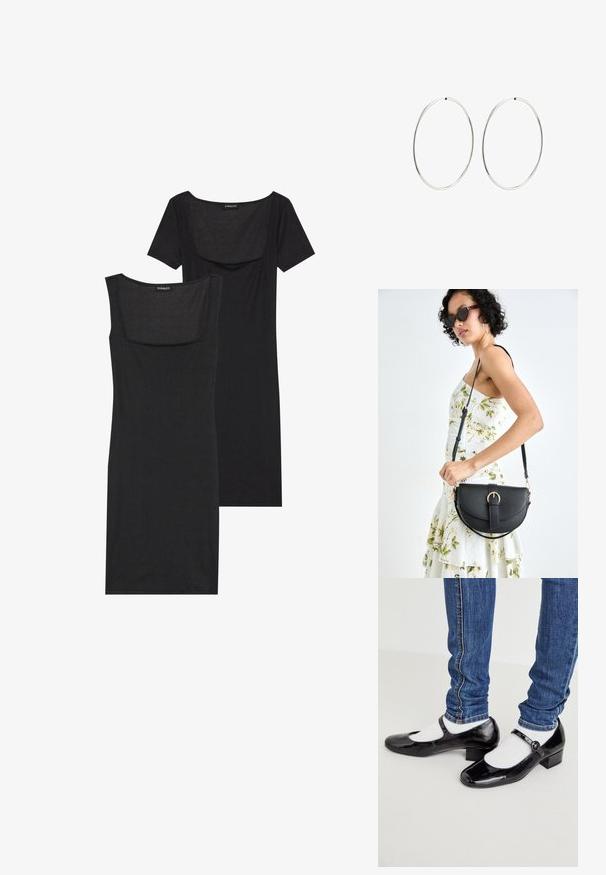 Juodas bodycon suknelė su kvadratiniu iškirpimu, trumpomis rankovėmis ir raštuota tekstūra. Dvi variantai: šviesiai juodas ir gilesnių juodų atspalvių.; Juodi patentiniai Mary Jane batai su kvadratiniu pirštu, mažu kulniuku, kulkšnies diržu ir baltais kojinaitėmis, derinami su mėlynomis liesomis kelnėmis.; Juodas odinis krepšys su išlenkta forma, nuimamu dirželiu ir auksiniais detalėmis. Krepšys turi kilpą su sagtimi.; Sidabriniai auskarai-žiedai su lygiu, apvaliu dizainu ir blizgiu paviršiumi. Jie yra ploni ir lengvi, turintys paprastą užsegimą.