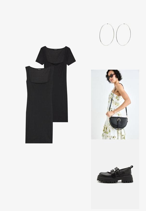 Juodas bodycon suknelė su kvadratiniu iškirpimu, trumpomis rankovėmis ir raštuota tekstūra. Dvi variantai: šviesiai juodas ir gilesnių juodų atspalvių.; Juodi platforminiai batai su suapvalintu pirštu, keliais sagtelėmis ir tekstūruota, masyvia padanga. Pagaminti iš blizgaus sintetinės medžiagos.; Juodas odinis krepšys su išlenkta forma, nuimamu dirželiu ir auksiniais detalėmis. Krepšys turi kilpą su sagtimi.; Sidabriniai auskarai-žiedai su lygiu, apvaliu dizainu ir blizgiu paviršiumi. Jie yra ploni ir lengvi, turintys paprastą užsegimą.