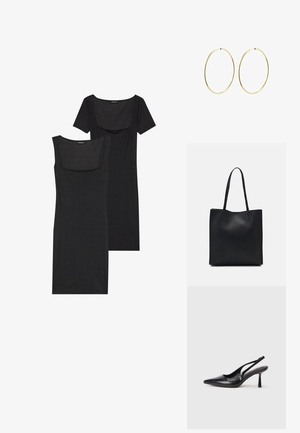 Must ülikondadega kleit ruudukujulise dekoltee, lühikeste varrukate ja ribatekstuuriga. Kaks varianti: heledama musta ja tumedama musta tooni näidatud.; Must musta slingback kõrge kontsaga king, terava varbaga ja peene kontsaga, valgel taustal.; Mustast nahast kott sujuva tekstuuriga, ristkülikukujuline ja kahe pika sangaga. Pole nähtavat riistvara ega kaunistusi.; Kuldsest rõngastest kõrvarõngad sileda, ümarate joontega. Õhukesed ja kerged, koosnevad pidevast ringsest kujundist ilma kaunistusteta.