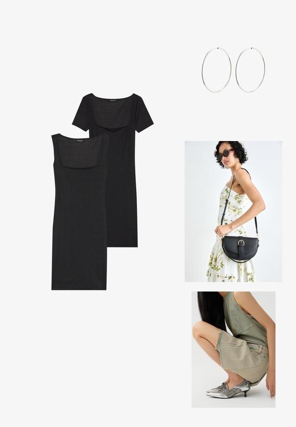 Svart bodycon-klänning med fyrkantig halsringning, korta ärmar och ribbad textur. Två variationer: ljus svart och djupare svarta nyanser visas.; Vagabond LYKKE - Snörpumps - silver/greige; Svart läderhandväska med en böjd form, avtagbar rem och guldiga detaljer. Väskan har ett lock med en spänndetalj.; Silverfärgade hoopörhängen med en slät, rund design och en polerad yta. De är tunna och lätta, med en enkel spänne.