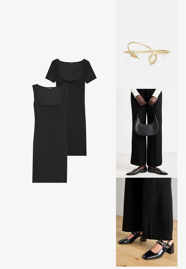 Mustassa, vartalonmyötäisessä mekossa on neliönmallinen pääntie, lyhyet hihat ja ribbikuviointi. Kaksi sävyä: vaaleampi musta ja syvempi musta.; Mustat patentoitu nahkaslingback-kengät neliönmuotoisilla varpailla, joissa on kaksinkertaiset säädettävät nilkkahihnat ja lohkareet. Sileä, kiiltävä viimeistely.; Mustapohjainen nahkalaukku, jolla on pyöreä muoto, kiiltävä pinta ja hopeiset varusteet. Henkilöllä on päällään mustat leveälahkeiset housut ja niittilapaset.; Kultainen metallinen ranneketju, jossa on sulava ja kaareva muotoilu. Yhdessä päässä on pieni, hallitseva hopeanvärinen korostus.