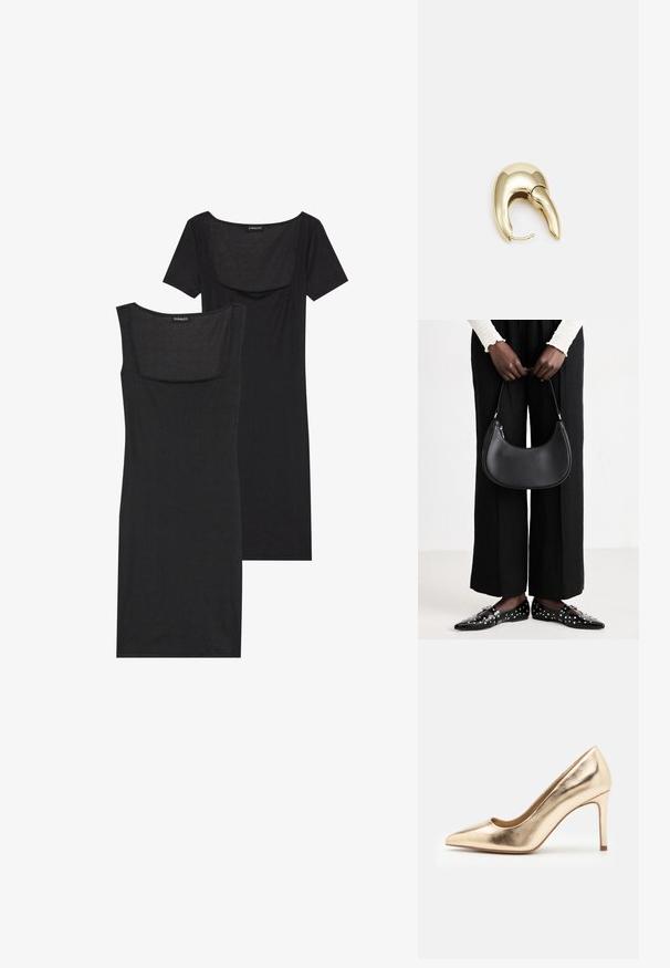 Vestito aderente nero con scollatura quadrata, maniche corte e texture a costine. Due varianti: tonalità nero chiaro e nero più intenso.; Décolleté dorato in metallo con punta affilata e superficie liscia. Presenta un tacco chiuso e un design elegante e sottile.; Borsa a spalla in pelle nera con forma arrotondata, finitura lucida e accessori in argento. Persona che indossa pantaloni ampi neri e mocassini con borchie.; Orecchino in metallo color oro con un design elegante e curvo. Presenta una forma appuntita distintiva, superficie lucida e chiusura a cerniera.