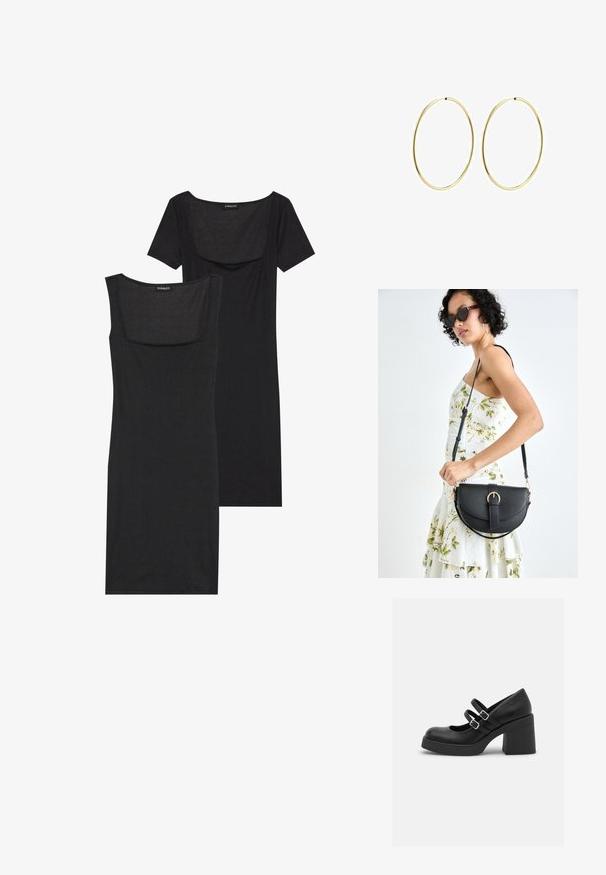 Robe noire moulante à décolleté carré, à manches courtes et à texture côtelée. Deux variations : nuances de noir clair et noir plus profond sont présentées.; Call it Spring MONROE - Escarpins à plateforme - black smooth; Sac à main en cuir noir avec une forme courbée, bandoulière amovible et des accessoires en or. Le sac est doté d'un rabat avec un détail de boucle.; Boucles d'oreilles en or en forme de créole lisse et arrondie. Fines et légères, elles présentent une boucle continue sans aucune ornementation.