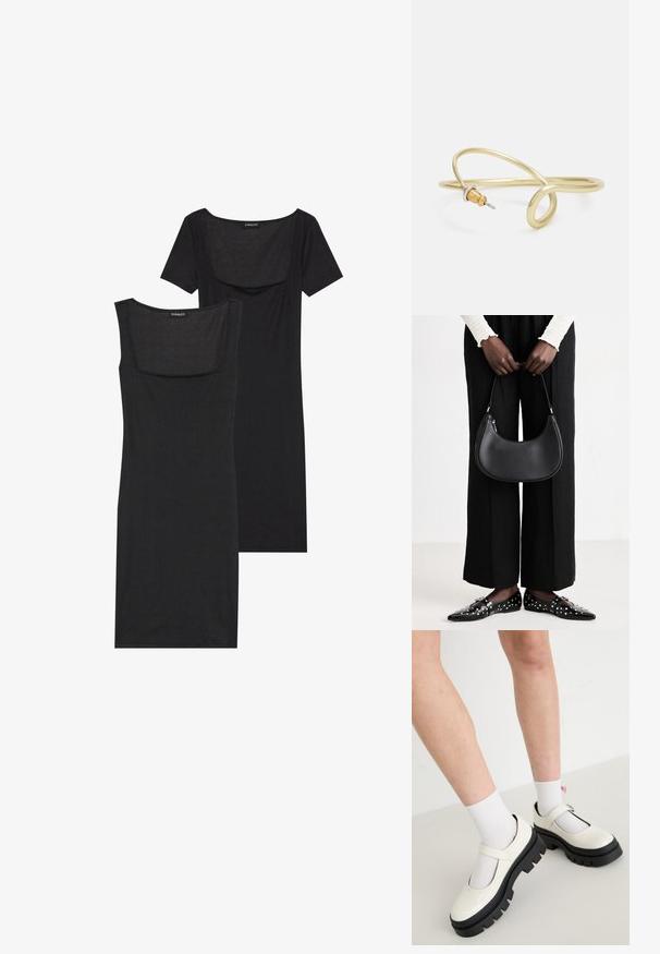 Juodas bodycon suknelė su kvadratiniu iškirpimu, trumpomis rankovėmis ir raštuota tekstūra. Dvi variantai: šviesiai juodas ir gilesnių juodų atspalvių.; Balti patentiniai Mary Jane batai su storiu juodu padu, su juostele per pėdos vidurį ir dėvimi su baltais kojiniais.; Juoda odinė petneša su apvalia forma, blizgiu paviršiumi ir sidabro spalvos detalėmis. Asmuo dėvi juodas plačias kelnes ir uždubentus batelius su kuokšteliais.; Auksinės spalvos metalinė apyrankė su skysčiu, kreipiančiu dizainu. Viename gale yra mažas, išsiskiriantis, sidabrinės spalvos akcentas.