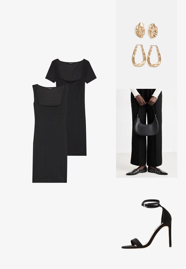 Vestido bodycon preto com decote quadrado, mangas curtas e textura canelada. Duas variações: tons de preto claro e preto mais profundo apresentados.; Sandálias de salto alto em camurça preta com um design de tira simples, ponta aberta e tira no tornozelo com uma fivela prateada.; Bolsa de ombro de couro preta com forma arredondada, acabamento brilhante e ferragens prateadas. Pessoa vestindo calças largas pretas e mocassins com tachas.; Brincos em tom de ouro com formas onduladas e texturizadas. Inclui studs escultóricos com presilha e um design de argola aberta com um acabamento martelado.