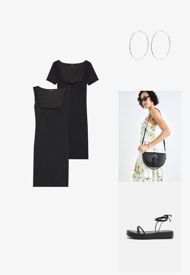 Mustassa, vartalonmyötäisessä mekossa on neliönmallinen pääntie, lyhyet hihat ja ribbikuviointi. Kaksi sävyä: vaaleampi musta ja syvempi musta.; Musta litteä sandaalit, joissa on leveä pohja, ohuet hihnat ja säädettävä solki nilkassa. Sileä pinta ja minimalistinen muotoilu.; Musta nahkainen käsilaukku, joka on kaareva muotoilultaan, irrotettavalla hihnalla ja kultaisilla yksityiskohdilla. Laukussa on läppä, jossa on solk yksityiskohta.; Hope hopeita hopeita, joissa on sileä, pyöreä muoto ja kiiltävä pinta. Ne ovat ohuita ja kevyitä, ja niissä on yksinkertainen lukitus.