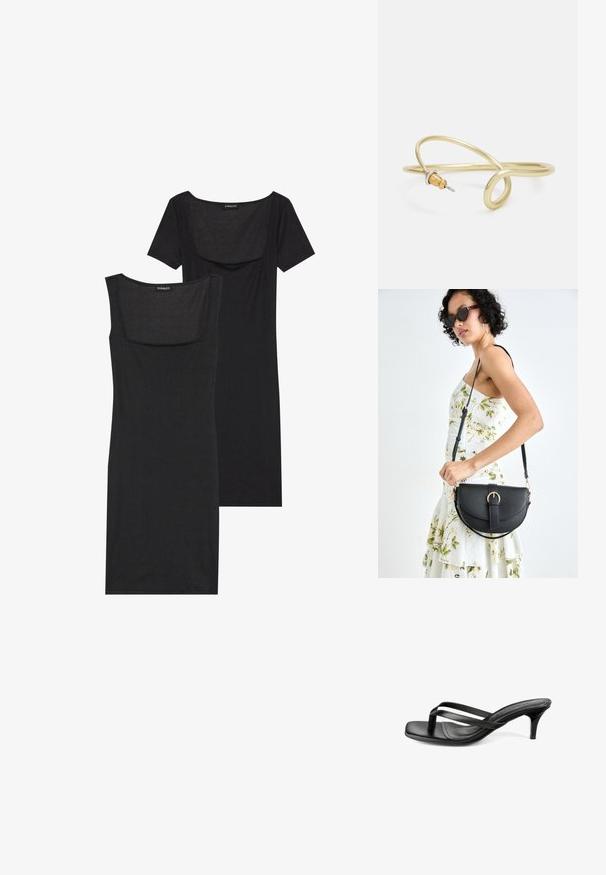 Zwarte bodycon jurk met een vierkante halslijn, korte mouwen en geribbelde textuur. Twee variaties: lichte zwarte en diepere zwarte tinten getoond.; Zwarte leren teen-sandalen met dunne gekruiste banden, vierkante neus, gevoerde inlegzool en lage stiletto hak op een witte achtergrond.; Zwarte leren handtas met een gebogen vorm, afneembare schouderband en gouden hardware. De tas heeft een klep met een gespsluiting.; Gouden metalen armband met een vloeiende, kromme vormgeving. Bevat een kleine, opvallende, zilvergekleurde accent aan één uiteinde.