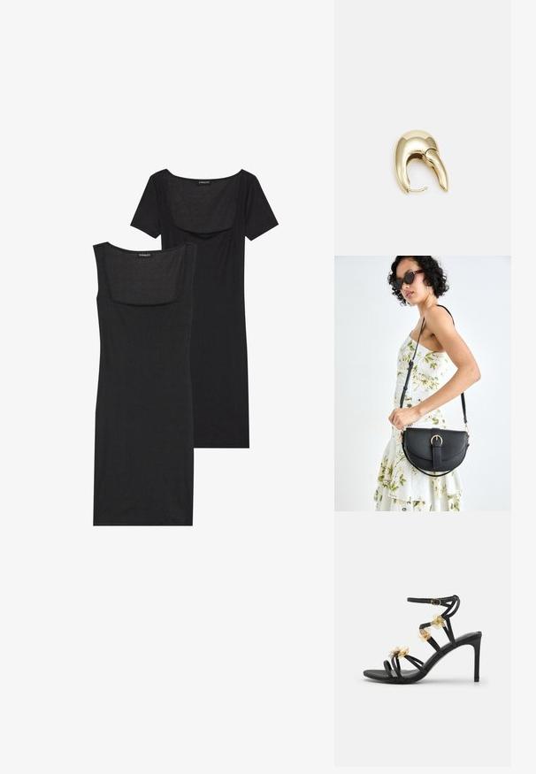 Mustassa, vartalonmyötäisessä mekossa on neliönmallinen pääntie, lyhyet hihat ja ribbikuviointi. Kaksi sävyä: vaaleampi musta ja syvempi musta.; Mustat hihnalliset korkokengät, joissa on herkät kultaiset kukkaelementit ja sileä pinta; sisältää solki sulkemisen nilkkahihnassa.; Musta nahkainen käsilaukku, joka on kaareva muotoilultaan, irrotettavalla hihnalla ja kultaisilla yksityiskohdilla. Laukussa on läppä, jossa on solk yksityiskohta.; Kultahipuinen korvakoru, jossa on sulavalinjainen, kaareva muotoilu. Ominaisuuksiin kuuluu erottuva terävä muoto, kiillotettu pinta ja sarana kiinnitys.