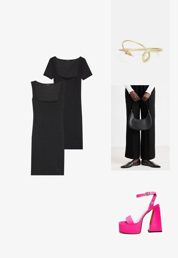 Zwarte bodycon jurk met een vierkante halslijn, korte mouwen en geribbelde textuur. Twee variaties: lichte zwarte en diepere zwarte tinten getoond.; Roze platform sandalen met een brede vierkante hak, enkelband, een gladde afwerking en een open teen ontwerp. Gespaccent op de enkel.; Zwarte lederen schoudertas met een ronde vorm, glanzende afwerking en zilverkleurige hardware. Persoon in zwarte wijde broek en gestifte loafers.; Gouden metalen armband met een vloeiende, kromme vormgeving. Bevat een kleine, opvallende, zilvergekleurde accent aan één uiteinde.