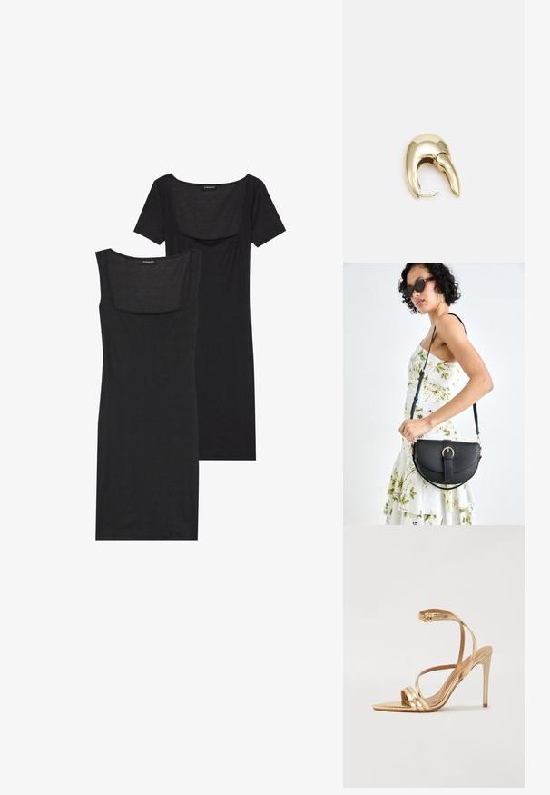 Melnā ķermeni pieguļošā kleita ar kvadrātveida dekoltē, īsām piedurknēm un ribotu tekstūru. Divas variācijas: gaiša melnā un tumšāka melnā nokrāsa.; Even&Odd Augstpapēžu sandales - gold; Melnas ādas rokassoma ar izliekta formu, noņemamu siksnu un zelta aksesuāriem. Somai ir vāciņš ar sprādzes detaļu.; Zeltīti metāla auskari ar gludu, izliekta dizaina. Ar atšķirīgu smailu formu, pulētu virsmu un eņģu aizdari.