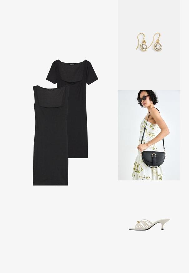 Robe noire moulante à décolleté carré, à manches courtes et à texture côtelée. Deux variations : nuances de noir clair et noir plus profond sont présentées.; Sandales à talons blancs à lanières avec un design courbé, dotées d'une accent en or et d'une semelle noire. Texture lisse et style ouvert.; Sac à main en cuir noir avec une forme courbée, bandoulière amovible et des accessoires en or. Le sac est doté d'un rabat avec un détail de boucle.; Boucles d'oreilles en ton or avec des cristaux transparents en forme d'ovale entourés de plus petits cristaux transparents, dotées d'un design à crochet pour un port sécurisé.