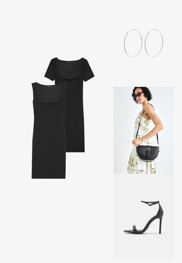 Vestido negro ajustado con escote cuadrado, mangas cortas y textura acanalada. Se muestran dos variaciones: tonos negro claro y negro más intenso.; Sandalias de tacón alto negras con punta abierta, tiras delgadas y hebilla en el tobillo. Textura de cuero suave con un diseño de punta afilada.; Bolso de piel negra con forma curva, correa desmontable y herrajes dorados. El bolso cuenta con una solapa con un detalle de hebilla.; Pendientes de aro plateados con un diseño redondo y liso, y un acabado pulido. Son delgados y ligeros, y cuentan con un sencillo cierre de gancho.