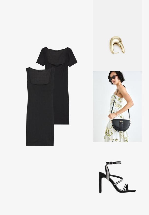 Czarna sukienka bodycon z kwadratowym dekoltem, krótkimi rękawami i prążkowaną fakturą. Dwie wersje: jasna czerń i głębsze odcienie czerni.; Czarne zamszowe sandały na wysokim obcasie z krzyżującymi się paskami i wąskim paskiem wokół kostki. Posiadają akcenty z cyrkonii wzdłuż pasków. Design z odkrytymi palcami.; Czarna skórzana torebka o zakrzywionym kształcie, z odpinanym paskiem i złotymi akcentami. Torebka posiada klapę z zapięciem w kształcie klamry.; Złote metalowe kolczyki o eleganckim, zakrzywionym kształcie. Posiadają charakterystyczny szpiczasty kształt, polerowaną powierzchnię oraz zapięcie na zawias.