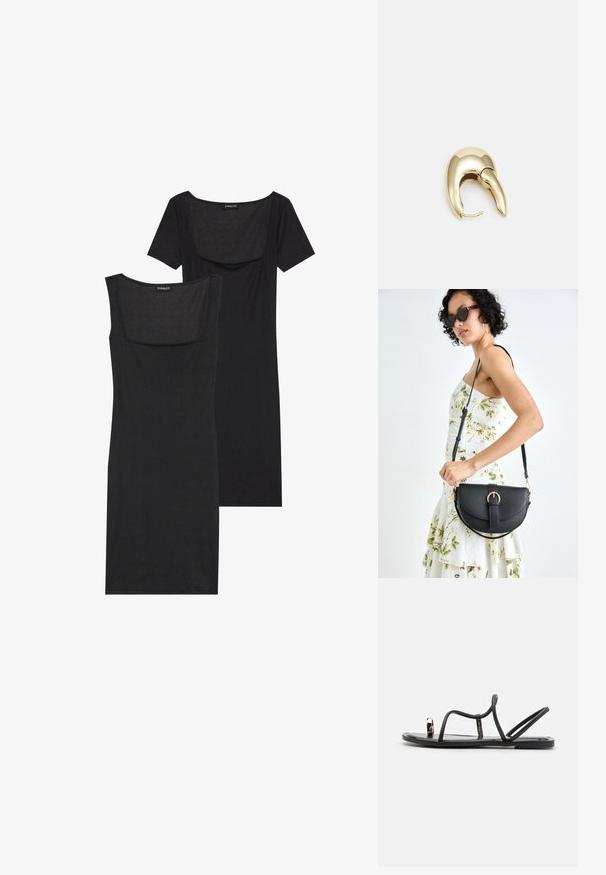 Vestito aderente nero con scollatura quadrata, maniche corte e texture a costine. Due varianti: tonalità nero chiaro e nero più intenso.; Sandali neri piatti con fasce sottili e anello per le dita, dotati di un accento dorato sulla punta. Realizzati in un materiale liscio e lucido.; Borsa a tracolla nera in pelle con una forma curva, manico rimovibile e accessori dorati. La borsa presenta una patta con un dettaglio a fibbia.; Orecchino in metallo color oro con un design elegante e curvo. Presenta una forma appuntita distintiva, superficie lucida e chiusura a cerniera.