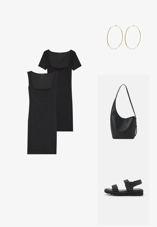 Must ülikondadega kleit ruudukujulise dekoltee, lühikeste varrukate ja ribatekstuuriga. Kaks varianti: heledama musta ja tumedama musta tooni näidatud.; Mustad platvormsandaalid koos tikitud rihmadega, avatud varvastega ja reguleeritava pahkluuringiga. Tekstuuriga kummiseade, millel on zik-zak muster parema haarde saavutamiseks.; Mustast nahast hobo kott, millel on sile tekstuur, kumer kuju ja üks reguleeritav rihm; peal on lai avaus.; Kuldsest rõngastest kõrvarõngad sileda, ümarate joontega. Õhukesed ja kerged, koosnevad pidevast ringsest kujundist ilma kaunistusteta.