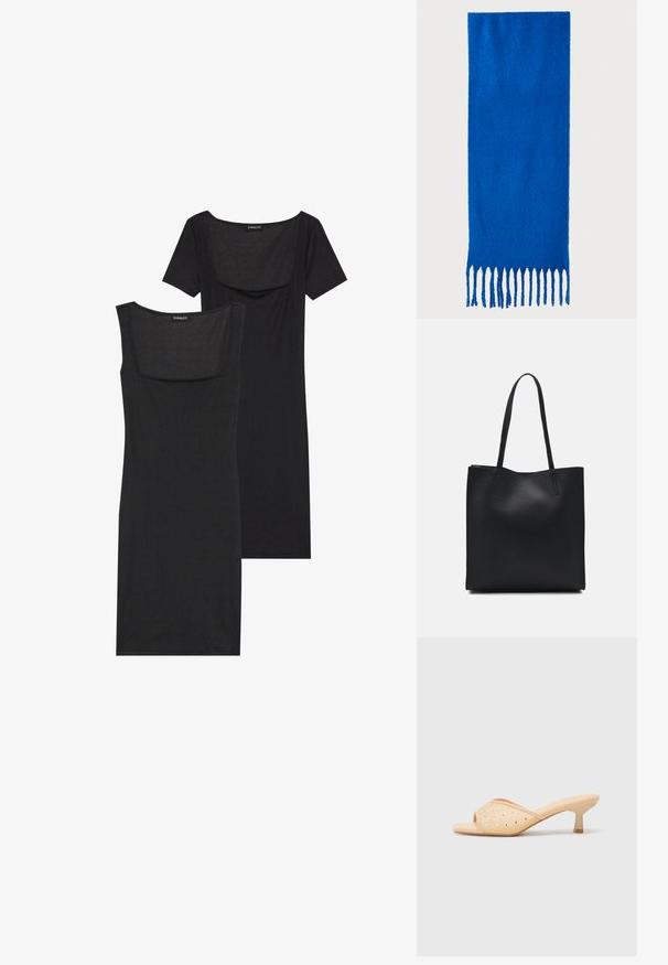 Czarna sukienka bodycon z kwadratowym dekoltem, krótkimi rękawami i prążkowaną fakturą. Dwie wersje: jasna czerń i głębsze odcienie czerni.; Beżowe mule na obcasie z odkrytymi palcami o gładkim matowym wykończeniu, zdobione dekoracyjnymi przejrzystymi cyrkoniami ułożonymi w wzór na cholewce.; Niebieski szalik z frędzlami wykonany z miękkiego materiału; ma jednolity kolor z teksturowaną powierzchnią i równomiernie przyciętymi frędzlami na dole.; Czarna skórzana torba tote o gładkiej fakturze, prostokątnym kształcie i dwóch długich uchwytach. Brak widocznych elementów metalowych i ozdób.
