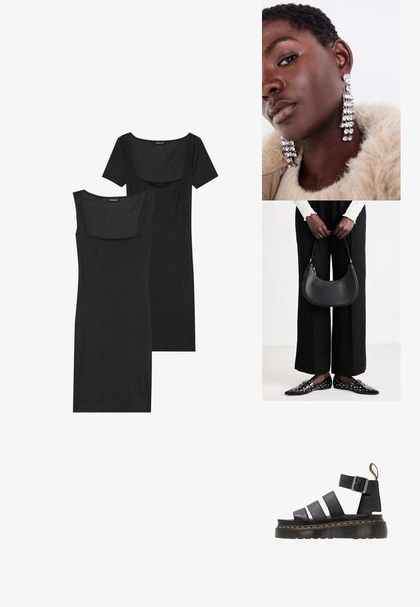 Black bodycon dress with a square neckline, short sleeves, and ribbed texture. Two variations: light black and deeper black shades shown.; Black leather sandal with three wide straps, adjustable metal buckle, thick textured sole, and orange stitching detail along the edge.; Black leather shoulder bag with a rounded shape, glossy finish, and silver hardware. Person wearing black wide-leg pants and studded loafers.; Silver drop earrings with multiple clear rhinestones, featuring a cascading design and textured surfaces, set against a neutral background.