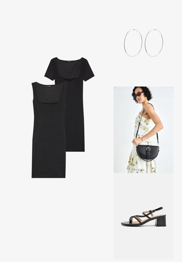 Robe noire moulante à décolleté carré, à manches courtes et à texture côtelée. Deux variations : nuances de noir clair et noir plus profond sont présentées.; RAID ANSHIKA - Sandales - black; Sac à main en cuir noir avec une forme courbée, bandoulière amovible et des accessoires en or. Le sac est doté d'un rabat avec un détail de boucle.; Boucles d'oreilles en argent avec un design lisse et rond, et une finition polie. Elles sont fines et légères, avec un fermoir simple.