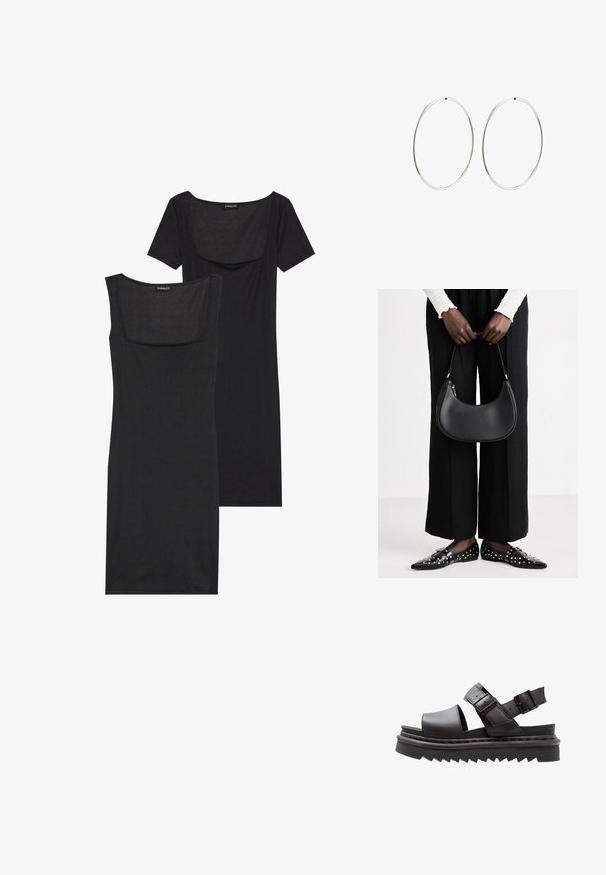 Czarna sukienka bodycon z kwadratowym dekoltem, krótkimi rękawami i prążkowaną fakturą. Dwie wersje: jasna czerń i głębsze odcienie czerni.; Czarne skórzane sandały mają szeroki pasek na palcach, dwa regulowane paski z klamrami oraz grubą, żłobioną podeszwę platformową dla stabilności.; Czarna skórzana torba na ramię o zaokrąglonym kształcie, z połyskującym wykończeniem i srebrnymi akcentami. Osoba w czarnych spodniac wyszczuplających i znaczonymi loafersami.; Srebrne kolczyki na kółku o gładkim, okrągłym kształcie i wypolerowanym wykończeniu. Są cienkie i lekkie, z prostym zapięciem.