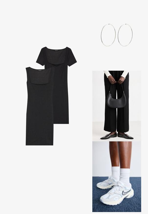 Mustassa, vartalonmyötäisessä mekossa on neliönmallinen pääntie, lyhyet hihat ja ribbikuviointi. Kaksi sävyä: vaaleampi musta ja syvempi musta.; Nike Sportswear AL8 - Matalavartiset tennarit - white/metallic silver/black/sail/wolf grey/photon dust; Mustapohjainen nahkalaukku, jolla on pyöreä muoto, kiiltävä pinta ja hopeiset varusteet. Henkilöllä on päällään mustat leveälahkeiset housut ja niittilapaset.; Hope hopeita hopeita, joissa on sileä, pyöreä muoto ja kiiltävä pinta. Ne ovat ohuita ja kevyitä, ja niissä on yksinkertainen lukitus.