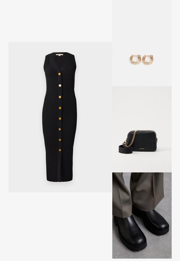Rochie neagră din tricot cu nervuri, cu decolteu în V, design fără mâneci și butoane aurii pe față, având o siluetă ajustată.; Cizme negre din piele cu talpă din cauciuc masiv, având o textură netedă și vârful rotunjit, asortate cu pantaloni lejeri de culoare măslinie.; Geantă de umăr din piele neagră, cu accente de lanț aurii, închidere cu fermoar și curea de stofă detasabilă. Logo-ul Michael Kors pe față.; Cercei din aur cu un finisaj lustruit, având un design circular gros și un mecanism de închidere sigur. Textură netedă și aspect strălucitor.