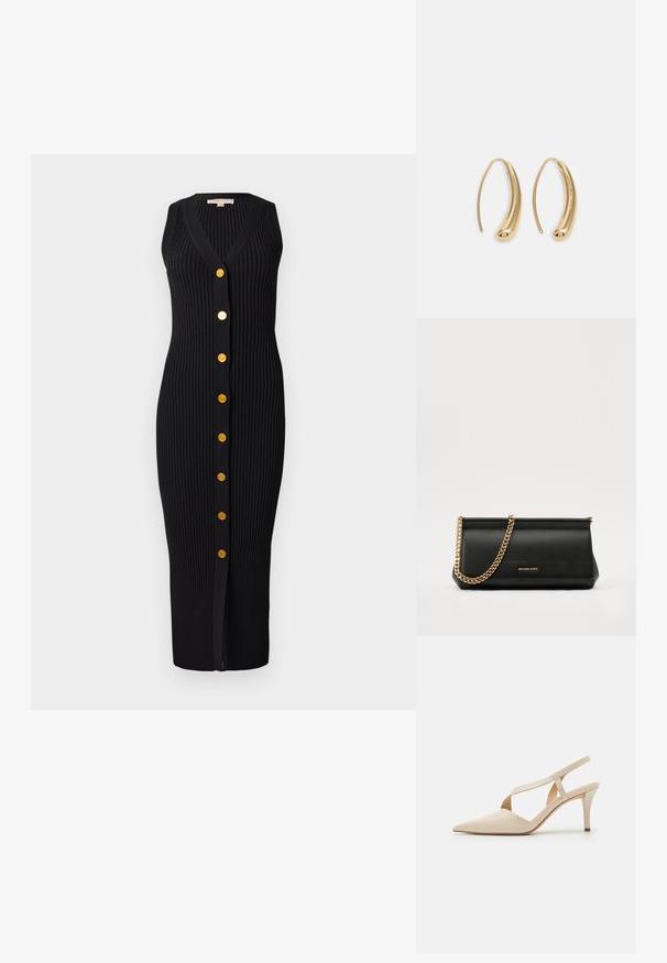 Abito nero in maglia a coste con scollatura a V, senza maniche e bottoni dorati sul davanti, caratterizzato da una silhouette aderente.; Sandali con tacco beige a slingback con design a punta. Realizzati in materiale liscio, presentano un tacco sottile e dettagli incrociati per una vestibilità sicura.; Clutch bag in pelle nera con tracolla in catena dorata, caratterizzato da una superficie liscia, forma rettangolare e branding in rilievo sul davanti.; Orecchini a cerchio in metallo color oro con forma curva ed allungata. Presentano una superficie liscia e lucida e una punta arrotondata per un tocco di dettaglio in più.
