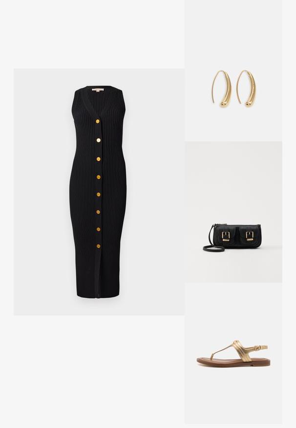 Zwarte ribgebreide jurk met V-hals, mouwloos ontwerp en gouden knopen aan de voorkant, met een getailleerde silhouet.; Gouden metallic sandalen met een verstelbaar thongsysteem, een contrasterende bruine zool, gespsluiting en lijnaccenten op de banden voor een veilige pasvorm.; Zwarte leren schoudertas met twee vo pockets, gouden gespen, ritsluiting en een smalle band. Tekstuur oppervlak en compacte rechthoekige vorm.; Gouden metalen oorbellen in de vorm van een gebogen, verlengde hoop. Kenmerkend zijn het gladde, glanzende oppervlak en de afgeronde punt voor extra detail.