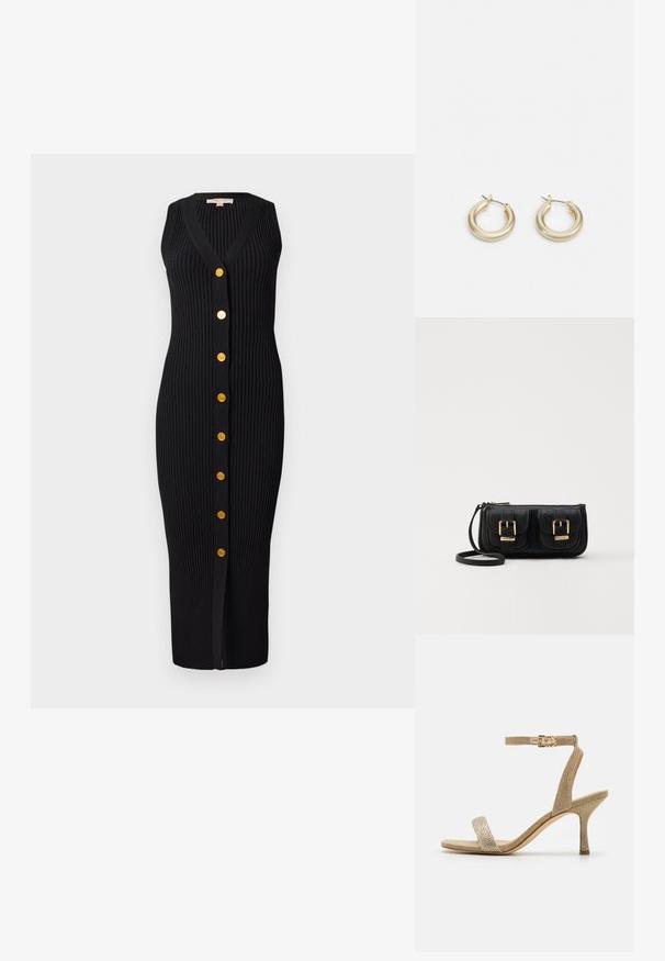 Melnas ribotu adījumu kleita ar V formas izgriezumu, bez piedurknēm un ar zelta tonī pogām uz priekša, ar pieguļošu siluetu.; Zeltaini augstpapēžu sandales ar teksturētu apdari, plānu potītes siksniņu un šauru priekšējo joslu ar smalku rotājum.; Melnas ādas crossbody soma ar divām priekšējām kabatām, zelta sprādzēm, ar rāvējslēdzēju aizdari un šauru siksnu. Strukturēta virsma un kompakta taisnstūra forma.; Lauren Ralph Lauren BASIC SMALL HOOP - Auskari - gold-coloured