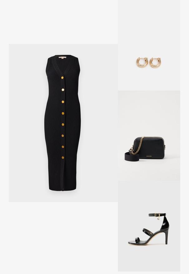 Vestido de punto negro con canalé, escote en V, diseño sin mangas y botones dorados en la parte delantera, presentando una silueta ajustada.; Sandalia de charol negro con tres correas, hebilla en el tobillo y tacón de aguja de 10 cm. Presenta detalles de hardware en oro y un charm con el logo.; Bolso bandolera de cuero negro con acentos de cadena dorada, cierre de cremallera y una correa de tela desmontable. Logo de Michael Kors en la parte frontal.; Pendientes de aro de oro con un acabado pulido, que presentan un diseño circular grueso y un mecanismo de cierre seguro. Textura suave y apariencia brillante.
