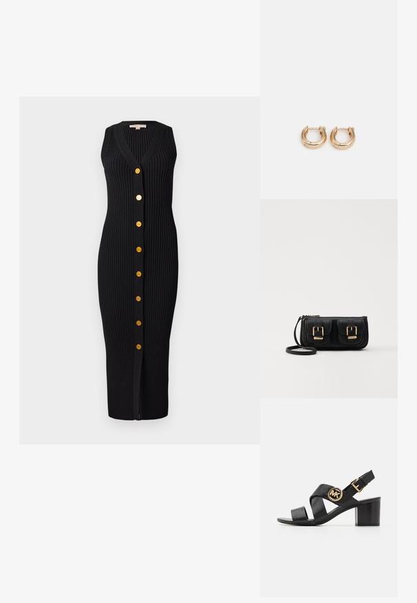 Schwarzes geripptes Strickkleid mit V-Ausschnitt, ärmellosem Design und goldfarbenen Knöpfen auf der Vorderseite, das eine figurbetonte Silhouette bietet.; Schwarze Ledersandale mit überkreuzten Riemen und rundem MK-Logo. Der Blockabsatz hat eine mittlere Höhe, die Stabilität und ein elegantes Design bietet.; Schwarze Leder-Umhängetasche mit zwei vorderen Taschen, goldenen Schnallen, Reißverschluss und einem schmalen Tragegurt. Texturierte Oberfläche und kompakte rechteckige Form.; Goldene Creolen mit polierter Oberfläche, die ein dickes, rundes Design aufweisen und über einen sicheren Verschlussmechanismus verfügen. Glatte Textur und glänzendes Aussehen.
