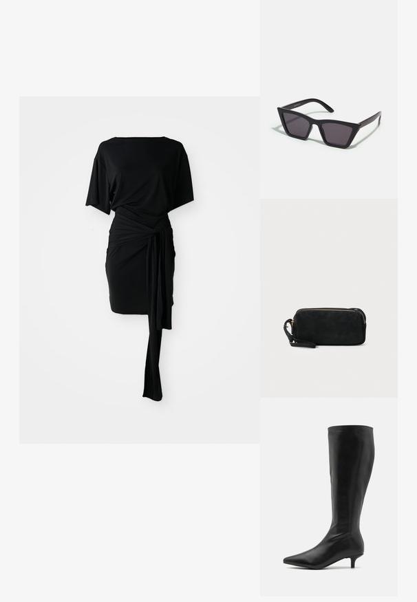 Black dress with a loose-fitting top, wrap-style waist detail, and a draped skirt. Made of smooth fabric, featuring a straight cut and short sleeves.; RAID ALPINE - Boots - black; Black, angular sunglasses with gray lenses; made of plastic, featuring thick arms with a smooth surface and no visible hardware.; Black suede clutch bag with a zip closure and detachable wrist strap. Features gold-tone hardware and a smooth, matte texture.