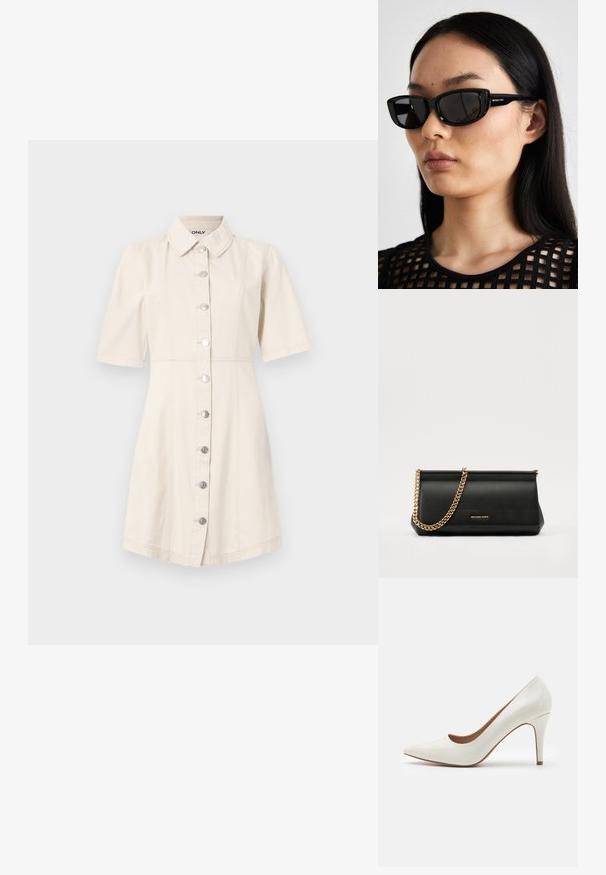Short-sleeve dress in light beige denim with a collared neckline, silver buttons, and a fitted bodice that flares at the hem.; White patent leather high-heeled shoe with a pointed toe and a smooth surface, featuring a slender heel and a low cut around the opening.; Black cat-eye sunglasses with dark lenses, glossy plastic frame, and gold logo accent on the temple. Minimalist design and lightweight texture.; Black leather clutch bag with a gold chain strap, featuring a smooth texture, rectangular shape, and embossed branding on the front.