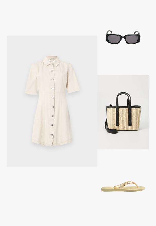 Abito a maniche corte in denim beige chiaro con colletto, bottoni argentati e corpetto aderente che si allarga all'orlo.; Infradito gialle con suola testurizzata, cinturini trasparenti con dettagli in perle e stelle, e un design liscio e minimalista.; Occhiali da sole neri rettangolari con lenti scure, montatura in plastica liscia e tempie curve. Il design è voluminoso con un'estetica minimalista.; Borsa tote in paglia intrecciata con manici e accenti in pelle nera. Forma rettangolare, interno spazioso e tracolla removibile.