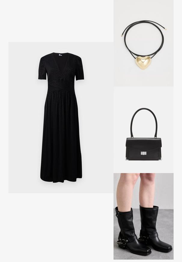 Schwarzes Maxikleid mit tiefem V-Ausschnitt, kurzen Ärmeln, strukturiertem Oberteil und gerafftem Rock. Hergestellt aus leichtem Stoff mit dezenten Mustern.; Schwarze Lederstiefel bis zum Knie mit eckiger Zehenpartie, seitlichem Reißverschluss und verstellbarem Riemen mit einer Metallkette. Mattes Finish und robuste Sohle.; Schwarze Lederhandtasche mit strukturiertem Design, einem oberen Griff und einem silbernen Verschluss. Verfügt über Eckenakzente und eine glatte Textur.; Schwarzes geflochtenes Schnur-Halsband mit einem polierten goldenen Herzanhänger, der sanfte Kurven und ein glänzendes Finish aufweist.
