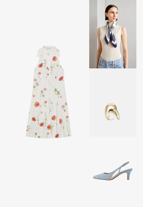 Blommig klänning med ett vitt tyg prytt med rosa och orange blomstertryck, krage och knappstängning framtill.; Ljusblå mocka slingbackklack, spetsig tå, justerbart ankelband med metallspänne, naturlig beige sula och låg klack.; Siden scarf i marinblått och vitt med ett geometriskt zigzagmönster. Slät textur, snyggt knuten runt halsen, kompletterar en ribbad topp.; Örhänge i guldtonad metall med en elegant, böjd design. Har en distinkt spetsig form, polerad yta och gångjärnslås.