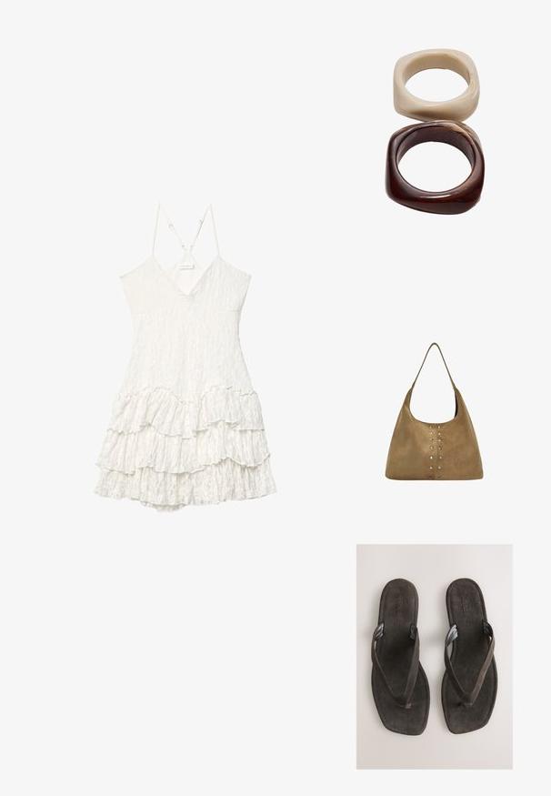 Bijela bezrukavna čipkasta haljina s V-izrezom, podesivim tankim trakama i detaljem slojevite volan haljine.; Smeđe antilop natikače s ravnim potplatom, s teksturiranim remenčićima i jednostavnim dizajnom. Nema dodatnih uzoraka ili ukrasa.; Smeđa torba od antilopa s labavim dizajnom, s metalnim zakovicama na prednjoj strani za detalj i jednim širokim remenom.; Stradivarius SET - Narukvica - dark brown