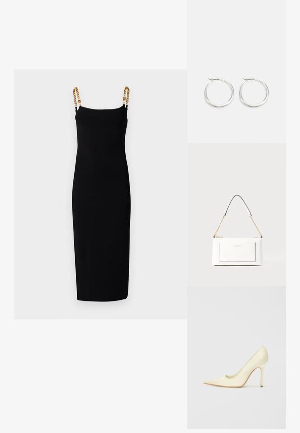 Black sleeveless dress with a fitted silhouette, featuring gold chain accents on the straps. Made from stretchy fabric for comfort.; High-heeled pump made of smooth cream-colored leather. Features a pointed toe, sleek silhouette, and a thin stiletto heel.; White leather handbag with a textured finish, featuring a gold chain strap and black accents. Includes a front pocket and zipper closure.; Silver hoop earrings feature a smooth, rounded design with a thin profile and secure clasp. Minimalistic style with a polished finish.