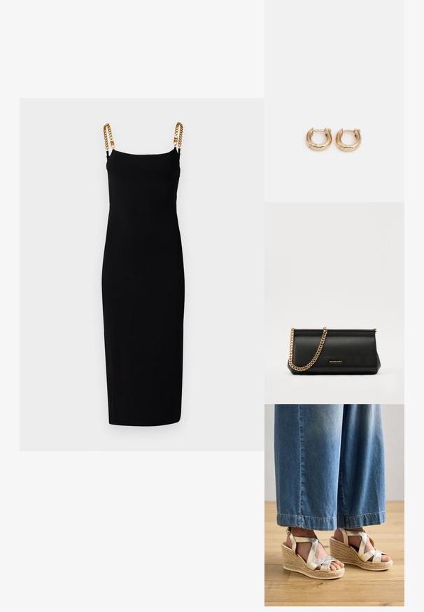 Musthave musta ilma käisteta kleit sobiva siluettiga, mille rihmad on kaunistatud kuldsete kettidega. Valmistatud venivast kangast mugavuse tagamiseks.; Kuldsete vöödega platvormsandaalid, millel on kudumisega jute aluspind. Omab laiadest ristvöödetest ja ümarast varba disainist. Kantud helesiniste laiade pükstega.; Mustast nahast klamberkott kuldse kettrihmaga, millel on sile tekstuur, ristkülikuline kuju ja esiküljel reljeefne brändingu märk.; Kullatud rõngaste kõrvarõngad, millel on poleeritud viimistlus, pakuvad paksu ringikujulist disaini ja kindlat sulgemismehhanismi. Sile tekstuur ja läikiv välimus.