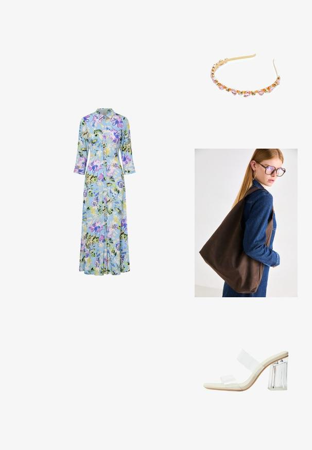 Blomster midi kjole i lyseblåt stof, med lilla, gule og grønne blomster. Knaplukning fortil, krave og trekvartærmer.; Klart hælkede sandaler med gennemsigtige stropper, en beige fodseng og en kraftig klar blokhæls. Slankt og glat design med en minimalistisk æstetik.; Brun læder tote taske med en blød tekstur, der har en rummelig design og en enkel skulderrem. Bruges med en blå denimjakke.; Gyldent hårbånd med vekslende pink tåreformede og klare runde rhinsten. Glat metalfinish med en let buet design.