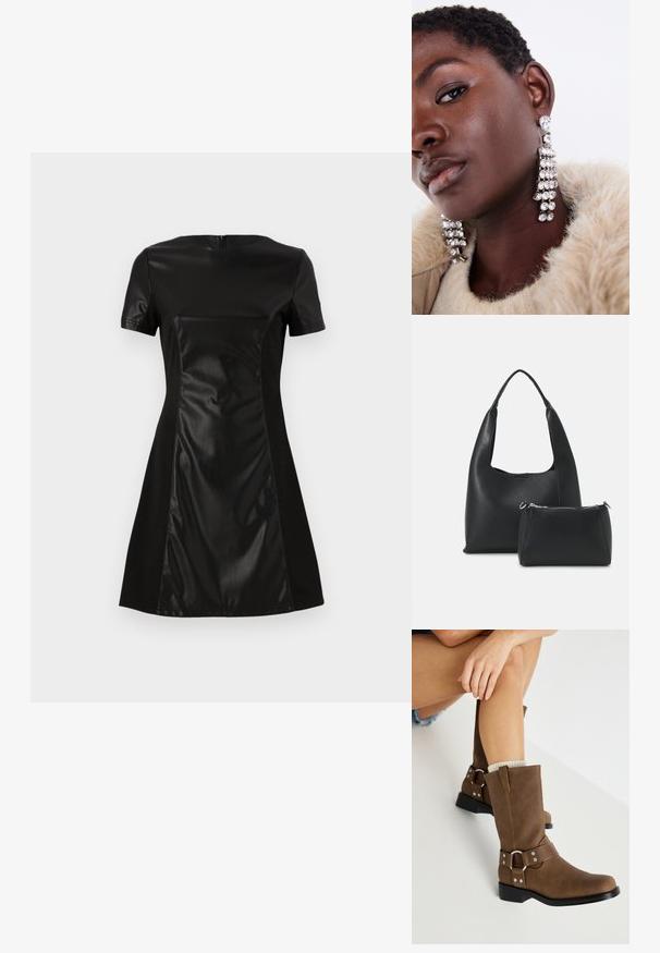 Vestido negro con un panel frontal de imitación cuero suave, mangas cortas y una falda acampanada. La parte posterior tiene un cierre de cremallera discreto.; ONLY SHOES ONLBAX - Botas camperas - brown; Even&Odd Bolso de mano - black; Pendientes de gota plateados con múltiples rhinestones transparentes, con un diseño en cascada y superficies texturizadas, sobre un fondo neutro.