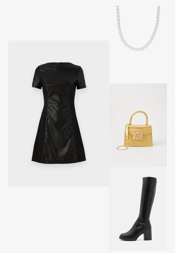 Crna haljina sa glatkim prednjim panelom od umjetne kože, kratkim rukavima i suknjom koja se širi. Stražnji dio ima diskretno zatvaranje na patentni zatvarač.; Crne čizme do koljena od glatke kože s masivnom petom i zaobljenim vrhom. Imaju bešavni dizajn i suptilne šavove.; Žuta torbica od umjetnog krokodila sa strukturiranim dizajnom, gornjom ručkom, odvojivim lančićem i dekorativnim kristalnim ukrasom na kopči.; Nakit od bijelih bisera sa ravnomjernim, glatkim sfernim biserima i sjajnim završetkom, nizu u neprekidnom dizajnu.
