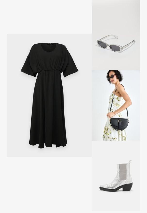 Must küünarnukkide pikkusega must kleit, laia lühikeste varrukatega, kokku tõmmatud vöökoht ja kerge kangas. Omab sujuvat tekstuuri ja lihtsat ümarat kaelust.; Hõbedased metallilised pahkluu saapad teravate varvastega, tekstureeritud pealisosa, elastsed külgpaneelid ja skulptuurne must konts. Kaunistav õmblusmuster.; Ovaalsed prillid, millel on selge plastraam, tumehallid läätsed ja õhukesed läbipaistvad sangad, kus on logode aktsendid ja minimaalne detailirohkus.; Mustmust mustraha kõverate joontega, eemaldatava rihmaga ja kuldsete detailidega. Kotil on klapp, millel on pandladetail.